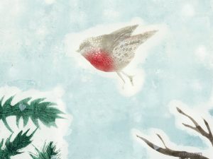 projet, le rouge gorge et le sapin un rouge gorge vole entre le branches d'un sapin et celles sans feuille d'un chêne.
