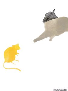 un chat avec un chapeau qui saute sur une souris