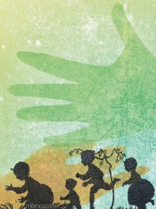 Publications. Quatre enfants jouent dans l'herbe. Deux mains dans le ciel étoilé. Dépaysés, Alain Boudet, M.Broca, Soc et Foc éditions