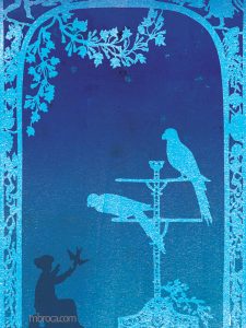 Publications Dépaysés, Alain Boudet, M.Broca, Soc et Foc éditions. Une alcove fleurie, une jeune fille avec un oiseau sur sa main, un perchoir avec deux perroquets.