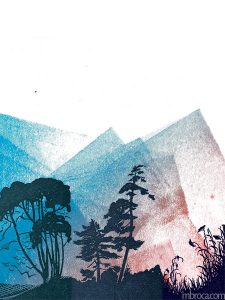 Des arbres et des herbes en noir, un ciel bleu rouge. Dépaysés, Alain Boudet, M.Broca, Soc et Foc éditions