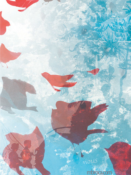 Publications. Dépaysés, Alain Boudet, M.Broca, Soc et Foc éditions. Des oiseaux s'envolent. Deux enfants se promènent avec une canne à pêche. Un arbre bleu.