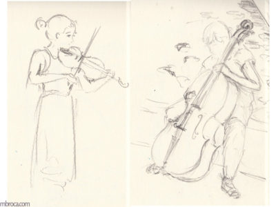 Violoniste et violoncelliste, crayon graphite. À gauche une violoniste jouant debout. À droite une violloncelliste assise avant de jouer.