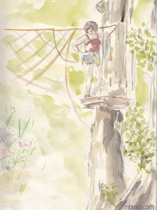 une femme arnachée sur un arbre.