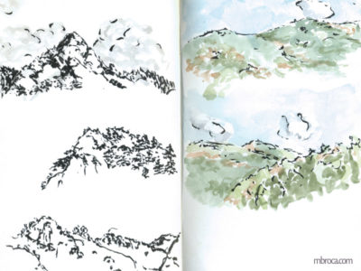 œuvres dessin trois montagnes à l'encre de chine et deux à l'aquarelle.