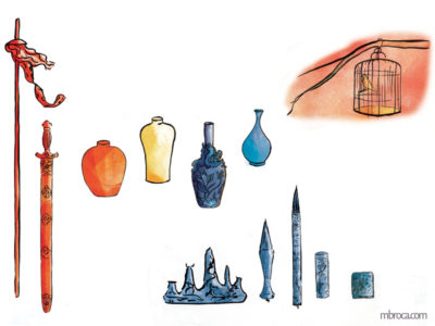 œuvres des armes, vases, cage et pinceaux de caligraphie