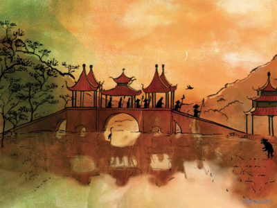 œuvres Un pont chinois avec des silhouettes de gardes et de serviteurs qui marchent dessus. le rossignol vole.