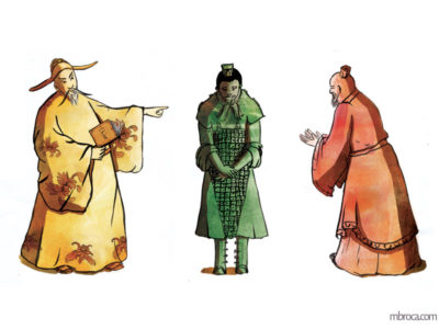œuvres trois personnages, un jaune, un vert, un rouge.