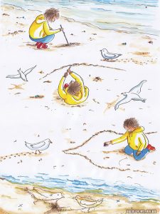 œuvres Un enfant dessine dans le sable. Des mouettes regardent.