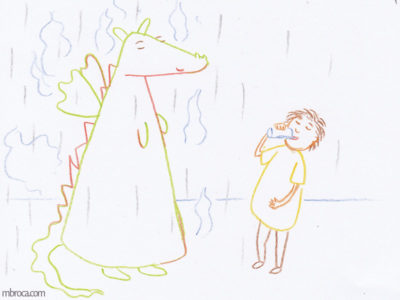 Rouzig, février 2018, un enfant boit un verre d'eau, un dragon à ses côtés. De la pluie tombe su eux, et de la vapeur s'échappe du dragon.