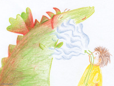 Publications, Rouzig, février 2018 un garçon souffle tranquillement sur un dragon qui sourit.
