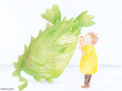 Publications, Rouzig, février 2018, un enfant chuchotte à l'oreile d'un dragon qui sourit.