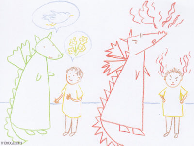 Rouzig, février 2018, un dragon vert parle avec un enfant de choses agréables. À droite un dragon rouge et un enfant ont des flammes rouges qui sortent du nez et des oreilles.