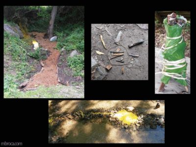 Projet pédagogique. Quatre photographies d'oeuvres avec des feuilles, de l'eau, des cailloux, de la terre, des bouts de bois.