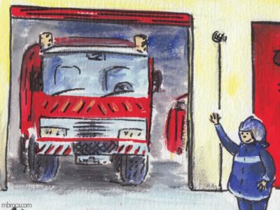 Rouzig de juin 2108 un camion de pompiers et un pompier qui salue.