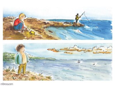 œuvres deux images. une fille qui joue dans le sable avec un pêcheur à la ligne au loin. Un garçon qui regarde la mer.