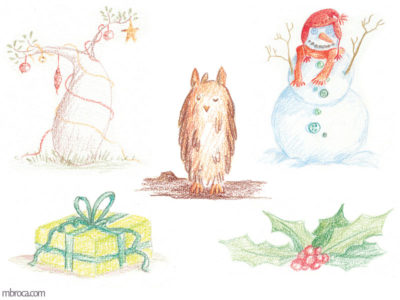 œuvres un bobab avec des guirlandes, un hiboux, un bonhomme de neige, du houx, un cadeau.