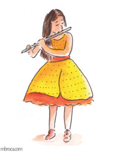 œuvres une jeune fille avec une robe jaune et orange joue de la flute traversiere.