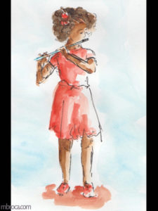 œuvres Une jeune flutiste avec une robe rouge.