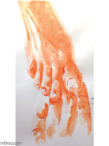 Les doigts de pieds d'un pied droit touchent ceux d'un pied gauche, aquarelle orange.