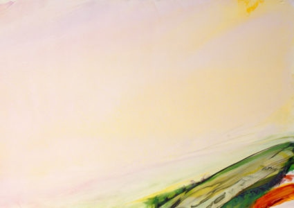 une toile abstraite dans les tons rose- jaune, avec des coulures vertes en bas à droite.s