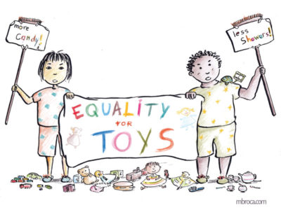 Un garçon et une fille qui manifestent au milieux de leurs jouets pour réclamer l'égalité pour les jouets.