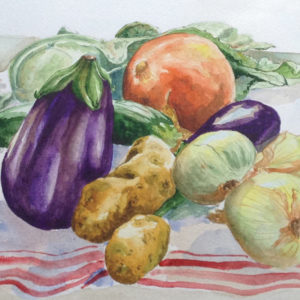 Oeuvre de 2018, une nature morte représentant des légumes. Aubergine, pommes de terre, potimaron, oignon, courgette.