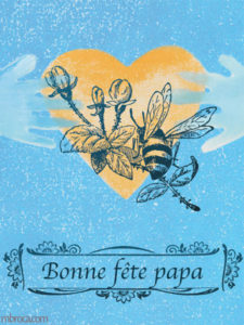 Merci facteur, carte pour la fete des pères, duex mains, un coeur et une abeille.