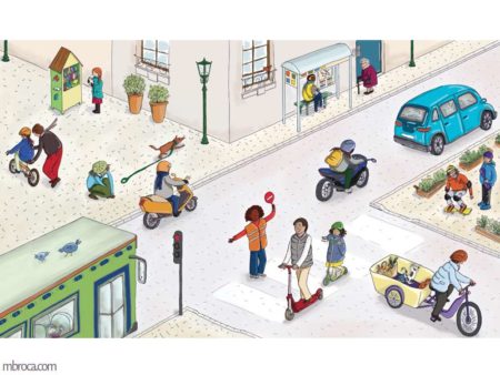 Une planche de vocabulaire avec différentes situation dans un quartier. Un bus, un scouter des vélos, des personnages.