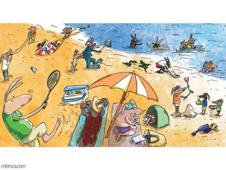 Des lapins qui sont à la plage. Certains sont dans l'eau, d'autres jouent dans l'eau.