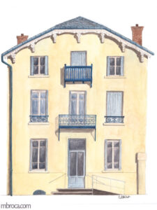 Une façade d'immeuble peint à l'aquarelle par l'artiste marion broca